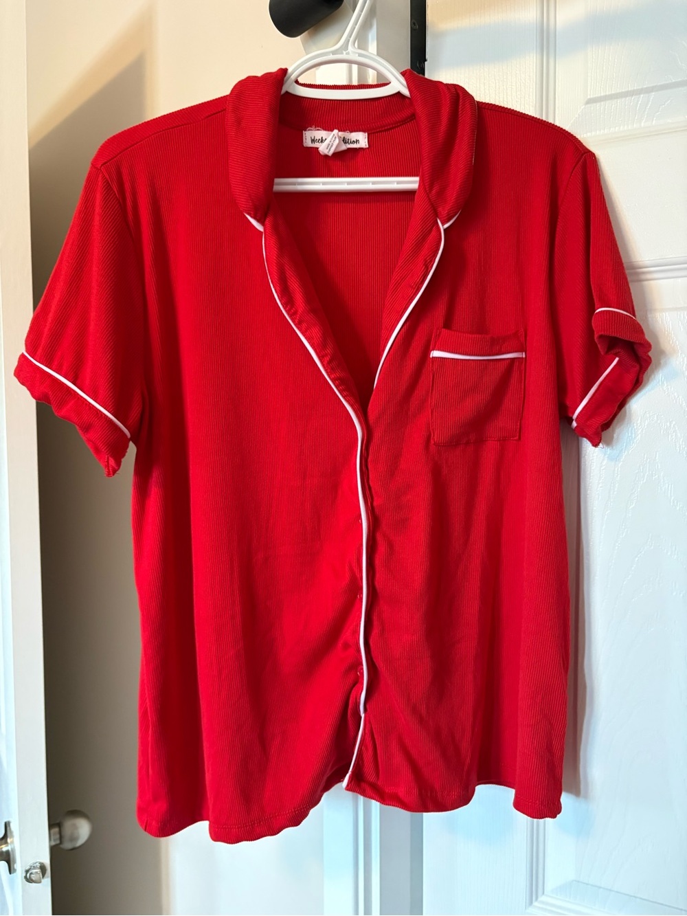 Cozy Red Short-Sleeve Pajama Top with Contrast Piping